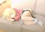  blonde_hair bobby_socks child couch green_eyes haragon idolmaster idolmaster_cinderella_girls jacket long_hair lying no_shoes on_side one_eye_closed panties pantyshot shirt skirt sleepy socks solo underwear upskirt white_panties yusa_kozue 