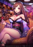  1girl bar bare_shoulders bartender breasts brown_eyes brown_hair cleavage crossed_legs furyou_michi_~gang_road~ glass han-0v0 highres holding japanese_clothes kimono large_breasts looking_at_viewer obi sash sitting solo_focus 