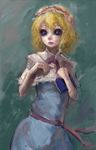  alice_margatroid blonde_hair book capelet dress expressionless faux_traditional_media hair_ribbon hiepita_(1014) highres holding holding_book ribbon short_hair solo touhou wavy_hair 