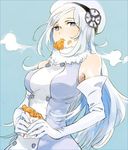  aila_jyrkiainen bad_id bad_pixiv_id bare_shoulders beret eating elbow_gloves food food_on_face gloves gundam gundam_build_fighters hat kamimon long_hair silver_eyes silver_hair solo 
