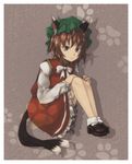  :3 animal_ears aoi_mirin blouse brown_background brown_eyes brown_hair cat_ears cat_tail chen frilled_skirt frills hat mob_cap multiple_tails nekomata paw_print short_hair sitting skirt tail touhou two_tails vest 