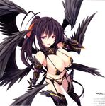  1girl absurdres black_hair bra breasts gloves high_school_dxd highres himejima_akeno large_breasts long_hair looking_at_viewer miyama-zero official_art panties ponytail purple_eyes smile solo standing underwear wings 