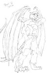  clothing dragon george hindpaw male monochrome muscles pants paws peace plain_background solo topless wings 