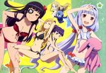  absurdres armpits bikini black_hair blonde_hair blue_eyes breasts cleavage eyepatch feet flat_chest galaktika glasses green_eyes hand_on_hip highres hoshimiya_kate komadori_renge kudou_yuka legs long_hair megami mole multiple_girls natasha_(sekai_seifuku) non-web_source official_art open_mouth purple_eyes purple_hair red_eyes roboko_(sekai_seifuku) sekai_seifuku:_bouryaku_no_zvezda shikabane_itsuka shirasagi_miki side-tie_bikini silver_hair smile stuffed_toy swimsuit twintails very_long_hair 