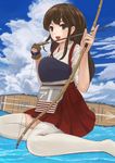  akagi_(kantai_collection) archery arrow blush bow_(weapon) brown_eyes brown_hair cloud day flight_deck gloves hakama_skirt japanese_clothes kantai_collection kyuudou long_hair muneate ocean open_mouth partly_fingerless_gloves side_ponytail single_glove sitting skirt smile solo tasuki thighhighs ushishi_(hakka_gahou) wariza water weapon white_legwear yugake 