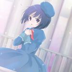  bad_id bad_pixiv_id beret blue_hair blue_twin dress dutch_angle hands_on_own_chest hat lito_(24281122) looking_at_viewer short_hair snow solo yume_2kki 