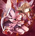  bad_id bad_pixiv_id brown_hair cardcaptor_sakura cherry_blossoms closed_eyes clow_card flower fumiko_(miruyuana) fuuin_no_tsue hair_flower hair_ornament hat highres kinomoto_sakura magic_circle nail_polish purple_hat red_nails short_hair solo wand 