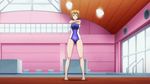 1girl animated animated_gif barefoot bounce bouncing_breasts breasts brown_hair cameltoe clothed_navel competition_swimsuit exercise female full_body hair_between_eyes hair_ornament indoors kushiya_inaho large_breasts legs looking_at_viewer maken-ki! one-piece_swimsuit red_eyes shadow short_hair solo standing swimsuit thighs window 