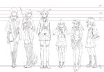  ahoge ankle_boots bare_shoulders boots bow_(weapon) chikuma_(kantai_collection) closed_eyes elbow_gloves glasses gloves hairband hat headgear height_chart height_difference high_heels japanese_clothes kantai_collection kawashina_(momen_silicon) knee_boots lineup long_hair makigumo_(kantai_collection) multiple_girls nagato_(kantai_collection) ooshio_(kantai_collection) open_mouth ryuujou_(kantai_collection) school_uniform short_twintails shoukaku_(kantai_collection) sketch skirt sleeves_past_wrists smile spot_color suspenders thigh_boots thighhighs twintails visor_cap weapon 
