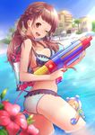  ;d ass bikini breasts brown_eyes brown_hair cleavage flower frilled_bikini frills hibiscus light_rays long_hair looking_at_viewer looking_back medium_breasts one_eye_closed open_mouth original pekoo_(pekota) smile solo strap_gap sunbeam sunlight swimsuit twintails wading water water_gun wet 