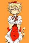  alabaster_(artist) alternate_costume animal_ears blonde_hair gift hair_ornament highres kemonomimi_mode orange_background short_hair simple_background solo tail tiger_ears tiger_tail toramaru_shou touhou yellow_eyes 