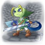  boots celebi cheeziespaz clenched_teeth commentary cosplay crossover english_commentary gen_2_pokemon gen_6_pokemon gloves honedge link link_(cosplay) master_sword no_humans parted_lips pokemon pokemon_(creature) shield solo sword teeth the_legend_of_zelda tunic weapon 