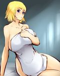  blonde_hair blue_eyes breasts cassandra_alexandra covering highres large_breasts mafen naked_towel nude nude_cover short_hair sideboob solo soulcalibur sweatdrop towel 