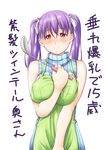  apron breasts brown_eyes hair_ornament hair_ribbon highres ladle large_breasts lavender_hair long_hair niwatazumi original ribbed_sweater ribbon sleeveless sleeveless_turtleneck solo sweater translation_request turtleneck twintails 