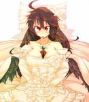  blush bouquet bow breasts bridal_veil bride brown_hair cleavage cross_eyed dress elbow_gloves flower gloves hair_bow hair_flower hair_ornament large_breasts long_hair red_eyes reiuji_utsuho solo third_eye touhou veil wedding_dress wings yadokari_(yadokani) 