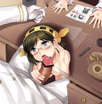  2girls admiral_(kantai_collection) anger_vein bar_censor bottle breasts censored cigarette clothed_male_nude_female corded_phone cum desk facial fellatio fountain_pen glasses gloves hairband hetero highres ink_bottle kantai_collection kirishima_(kantai_collection) kongou_(kantai_collection) medium_breasts multiple_girls nipples nude open_fly open_mouth oral pen penis petite phone ribbon-trimmed_sleeves ribbon_trim rotary_phone short_hair stealth_sex tongue translation_request under_table y.ssanoha 