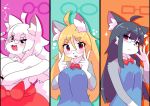  3girls black_hair blonde_hair fullmoon_gtrn furry glasses japanese_clothes long_hair miko multiple_girls red_eyes white_hair wolf 