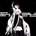  1girl couple fox_mask head_rest height_difference japanese_clothes kimono kuroha_ai looking_at_viewer mask monochrome skirt smile thighhighs urotsuki yukata_(yume_2kki) yume_2kki 