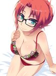  alternate_hairstyle aqua_eyes bespectacled bra breasts cleavage collarbone commentary_request flower glasses hair_up hand_on_own_chest hayashi_custom highres hong_meiling large_breasts looking_at_viewer on_bed panties pink_flower pink_rose red_bra red_hair red_panties rose sitting sitting_on_bed smile solo touhou underwear underwear_only 