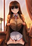  black_hair black_legwear blue_eyes blush breasts cameltoe glasses highres kezune_(i-_-i) large_breasts long_hair looking_at_viewer original panties skirt skirt_lift smile solo thighhighs underwear white_panties 