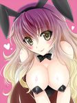  alternate_costume animal_ears bare_shoulders blush_stickers bow bowing bowtie breast_hold breasts bunny_ears bunny_girl bunny_tail bunnysuit cleavage detached_collar gradient_hair hair_between_eyes heart hijiri_byakuren large_breasts light_smile long_hair looking_at_viewer multicolored_hair nipples pantyhose purple_hair setsuna_rio smile solo tail touhou yellow_eyes 
