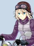  adapted_costume aqua_eyes blonde_hair coat gloves goggles goggles_on_head ground_vehicle helmet kuroha_ai motor_vehicle motorcycle short_hair solo urotsuki yume_2kki zipper 