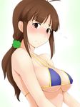  akizuki_ritsuko bikini_top blush breasts brown_eyes brown_hair embarrassed full-face_blush idolmaster idolmaster_(classic) long_hair looking_at_viewer medium_breasts no_eyewear solo strap_gap tengu_(tetuo_kun) 