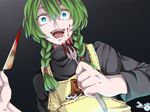  akkirarara apron blood braid cake crazy_eyes drooling food fork green_hair long_hair open_mouth red_eyes solo sweets_girl twin_braids yume_2kki 