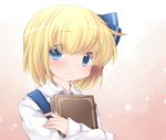  alice_margatroid alice_margatroid_(pc-98) bad_id bad_pixiv_id blonde_hair blue_eyes blush book book_hug commentary_request gradient gradient_background grimoire grimoire_of_alice hair_ribbon hammer_(sunset_beach) holding holding_book long_sleeves looking_at_viewer ribbon shirt short_hair smile solo suspenders touhou touhou_(pc-98) upper_body 