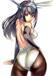  animal_ears ass back back-seamed_legwear bad_id bad_pixiv_id bare_back bare_shoulders black_hair bunny_ears bunnysuit contrapposto cowboy_shot dodai_shouji from_behind hand_on_hip headgear kantai_collection long_hair looking_back nagato_(kantai_collection) pantyhose red_eyes seamed_legwear solo standing white_background 