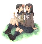  :d black_hair blush brown_eyes cardigan flower grass hachiko_(hati12) hair_flower hair_ornament loafers long_hair multiple_girls open_mouth original school_uniform shoes sitting skirt smile socks sweater twintails yuri 