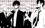  ahoge belt black_hair blouse expressionless formal giniro_(093119) jacket_over_shoulder kagerou_project kano_shuuya kisaragi_shintarou konoha_(kagerou_project) monochrome multiple_boys necktie one_eye_closed ponytail seto_kousuke short_hair sleeves_rolled_up smile suit 