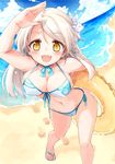  :d arm_up bare_legs beach bikini blue_hair breasts cleavage day feet flip-flops front-tie_top hair_ornament innertube large_breasts long_hair naka_akira navel open_mouth original outdoors sandals shading_eyes side-tie_bikini smile solo swimsuit water white_hair yellow_eyes 