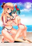  ;d absurdres ass barefoot beach bikini blonde_hair blue_eyes blush breasts cameltoe casual_one-piece_swimsuit cleavage cloud day green_eyes green_hair hair_ribbon heart heart_print highres holding_hands interlocked_fingers large_breasts looking_at_viewer multiple_girls one-piece_swimsuit one-piece_thong one_eye_closed open_mouth original outdoors parted_lips ponytail print_bikini print_ribbon ribbon shiny shiny_skin side-tie_bikini sky small_breasts smile sun swimsuit u_julgi 