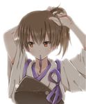  adjusting_hair armor arms_up backlighting brown_eyes brown_hair hiro_(hirohiro31) japanese_clothes kaga_(kantai_collection) kantai_collection mouth_hold muneate ponytail ribbon ribbon_in_mouth solo tying_hair upper_body wide_sleeves 