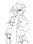  1boy 1girl bandages brother_and_sister greyscale hammer looking_at_viewer monochrome salvatore_piko siblings sister_(.flow) size_difference sketch smile_(.flow) tattoo 