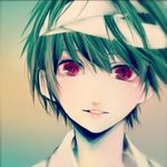  akkirarara aojiru_(yume_2kki) bandages blush green_hair looking_at_viewer male_focus pale_skin red_eyes smile solo yume_2kki 