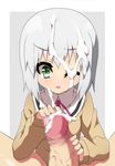  1girl blush cum ejaculation green_eyes handjob hiren medium_hair onii-chan_dakedo_ai_sae_areba_kankeinai_yo_ne penis sawatari_ginbee_haruomi short_hair white_hair 