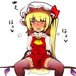  blonde_hair blush commentary_request drooling flandre_scarlet hat nekokokazuma open_mouth red_eyes short_hair side_ponytail solo sweat thighhighs touhou wings 