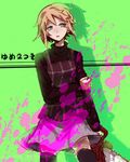  arm_grab blonde_hair chainsaw copyright_name dew_(970623) expressionless green_eyes looking_at_viewer lowres open_mouth paint_splatter short_hair solo urotsuki yume_2kki 