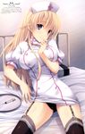  absurdres bed black_panties blonde_hair blue_eyes breasts finger_to_mouth garter_straps genderswap genderswap_(mtf) hat high_school_dxd highres hospital_bed kiba_yuuto lace lace-trimmed_thighhighs large_breasts long_hair miyama-zero mole mole_under_eye nurse nurse_cap panties pantyshot scan solo syringe thighhighs tray underwear 