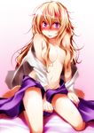  bad_id bad_pixiv_id barefoot blush breast_squeeze breasts cleavage collarbone dress dress_pull gradient gradient_background hair_censor highres large_breasts long_hair looking_at_viewer maribel_hearn navel off_shoulder open_clothes open_shirt purple_dress purple_eyes s-syogo shirt sitting solo tears topless touhou very_long_hair wariza 