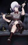  1girl bangs bat_wings blue_hair boots corded_phone couch crossed_legs frills full_body hair_over_eyes highres oni_musume_(yume_2kki) phone sitting smirk solo twintails wings yume_2kki 