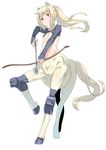  aiming animal_ears arrow blonde_hair bow_(weapon) centaur drawing_bow flat_chest highres holding holding_arrow holding_bow_(weapon) holding_weapon horse_ears long_hair monster_girl navel red_eyes solo ume_(datsuryokugen) weapon 