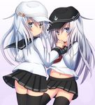  black_legwear blue_eyes dual_persona hammer_and_sickle hat hibiki_(kantai_collection) hionhk kantai_collection long_hair looking_at_viewer multiple_girls neckerchief school_uniform serafuku silver_hair skirt star thighhighs verniy_(kantai_collection) 