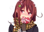  blush bow box brown_gloves brown_hair ear_blush embarrassed gift gift_box gloves heart-shaped_box holding horosuke_(toot08) mole mole_under_eye nose_blush original pink_eyes plaid plaid_scarf portrait ribbon scarf simple_background solo valentine white_background 