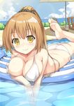  ass barefoot bikini blonde_hair blush breasts cleavage collarbone covered_nipples feet highres inflatable_raft large_breasts long_hair looking_at_viewer lying on_stomach original ponytail pool raft scrunchie side-tie_bikini smile soles solo strap_gap swimsuit toes totto water yellow_eyes 