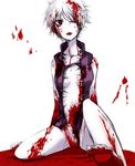  1girl barefoot blood breasts expressionless full_body looking_at_viewer medium_breasts one_eye_closed open_mouth red_eyes sabitsuki short_hair simple_background sitting solo torn_clothes white_hair wince 