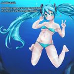  aqua_hair beamed_sixteenth_notes bikini double_v green_eyes h2o_uw hatsune_miku long_hair musical_note solo striped striped_bikini submerged swimsuit twintails underwater v very_long_hair vocaloid 