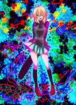  :p ahoge amoyu_(amcolo) arms_behind_back blonde_hair blue_eyes breasts chainsaw colorful large_breasts looking_at_viewer one_eye_closed psychedelic short_hair skirt solo standing thighhighs tongue tongue_out turtleneck urotsuki yume_2kki 